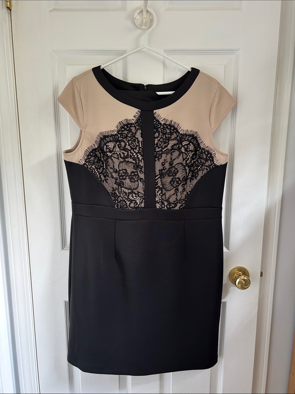 Classic Black & Nude Lace Cap-Sleeve Midi Dress
